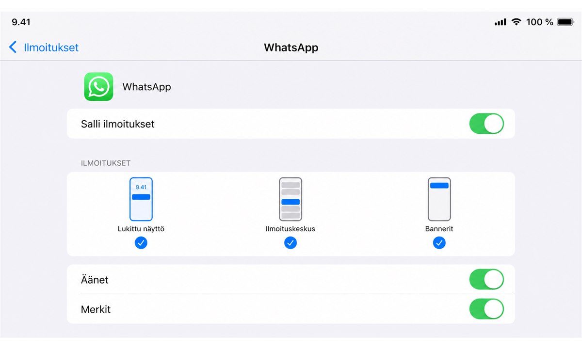 WhatsApp ilmoitusasetukset iPhone Asetukset-valikossa