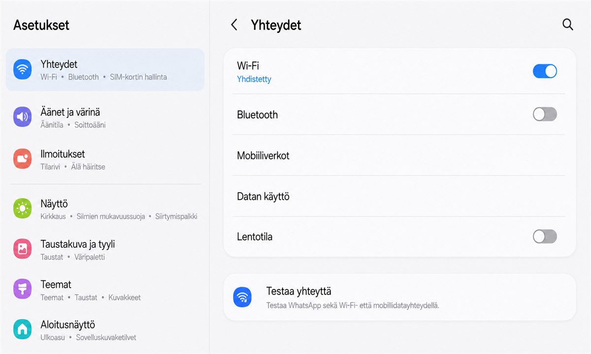 Samsung internet-yhteyden tarkistaminen asetuksista