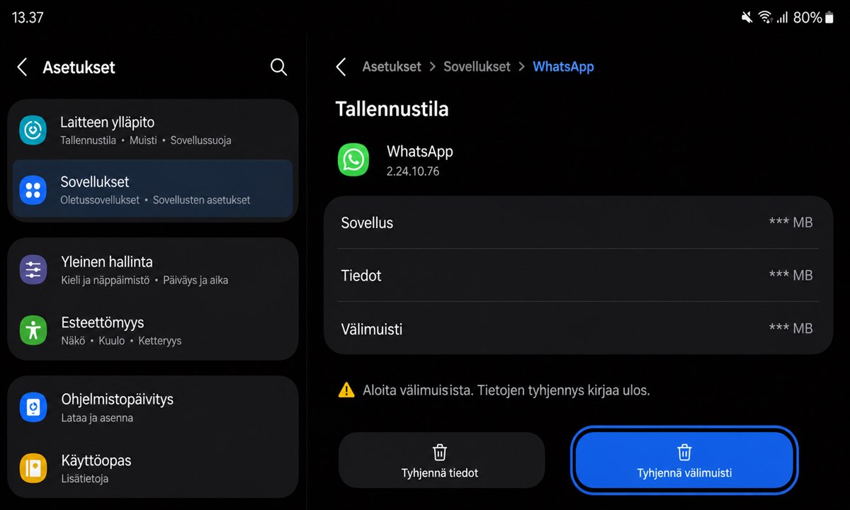 WhatsAppin välimuistin tyhjentäminen Samsung-asetuksissa