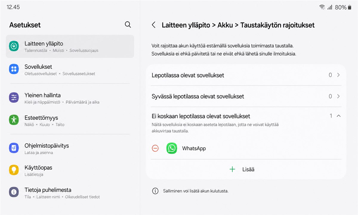 Samsung virransäästöasetukset ja WhatsAppin tausta-ajon salliminen