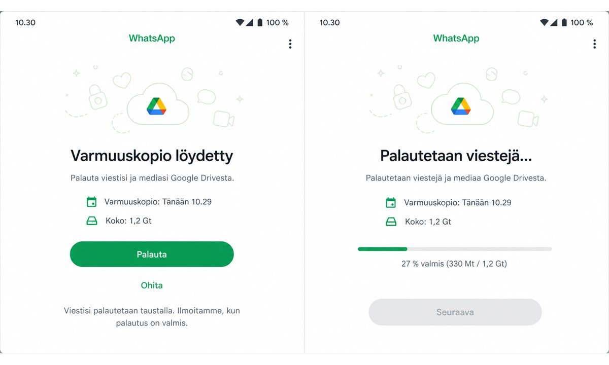WhatsApp viestien palauttaminen Google Drive varmuuskopiosta uudessa puhelimessa