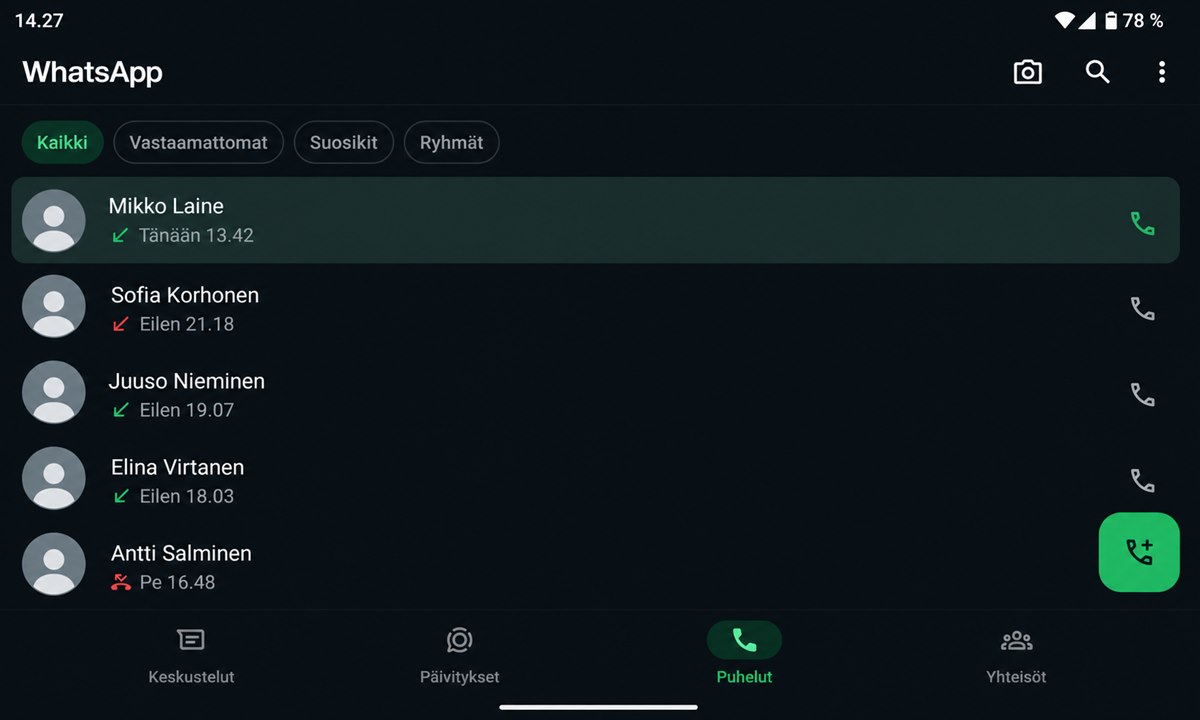 WhatsApp puhelut-välilehti ja kontaktin valinta