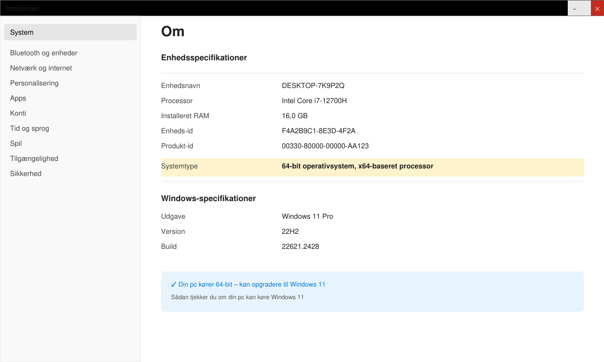Skærmbillede af Windows Indstillinger-vindue der viser Systemtype-feltet med 64-bit markeret