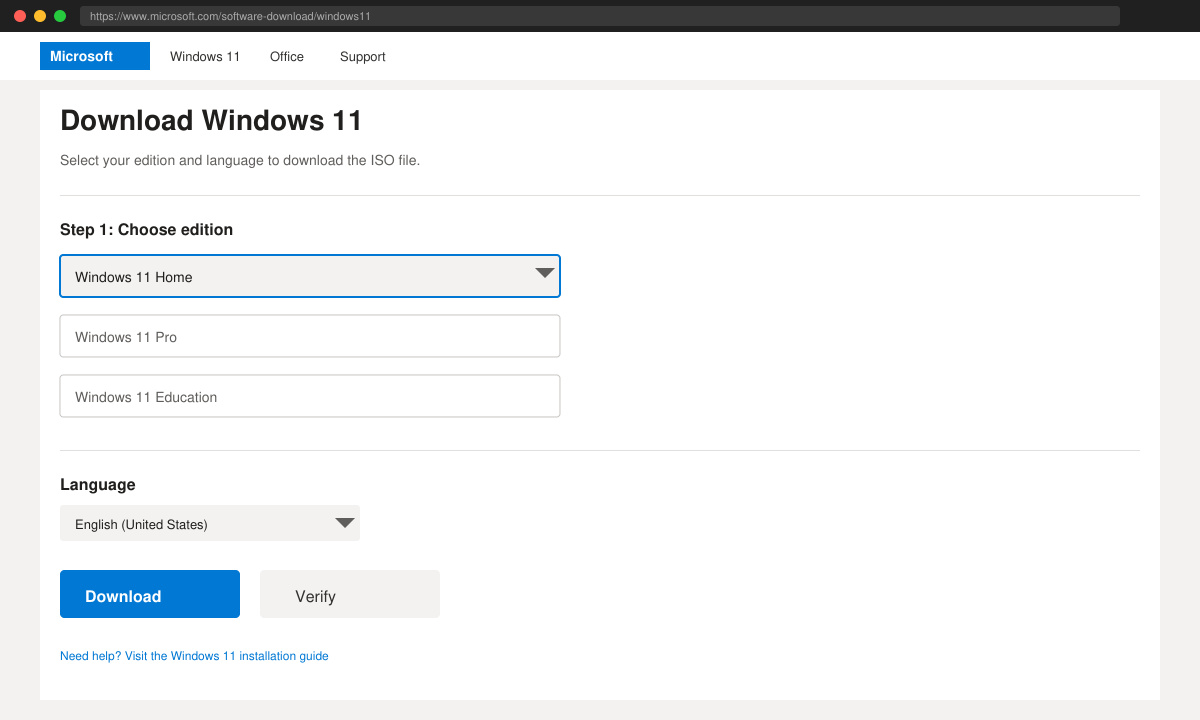 Skærmbillede af downloadknappen på Microsofts side