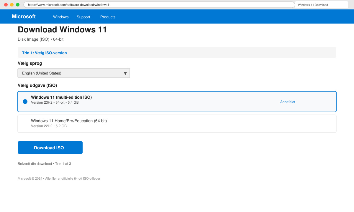 Skærmbillede af Microsofts downloadside med valg af ISO