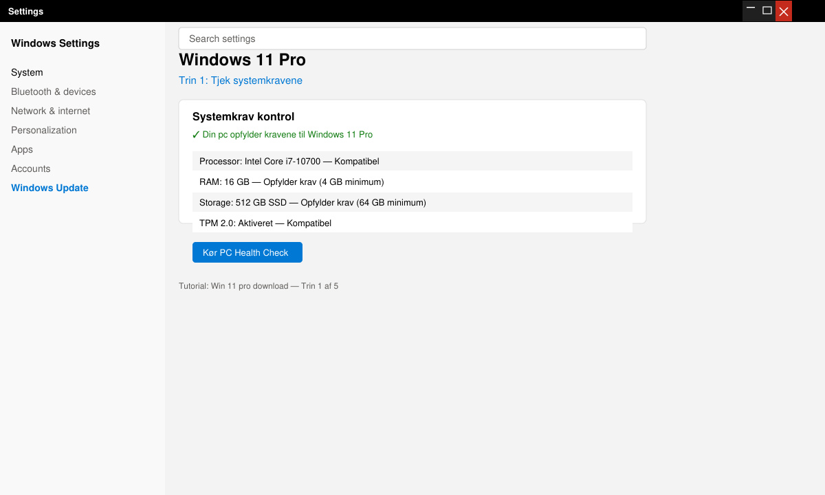 Screenshot of Windows Settings showing system requirements check for Windows 11 Pro