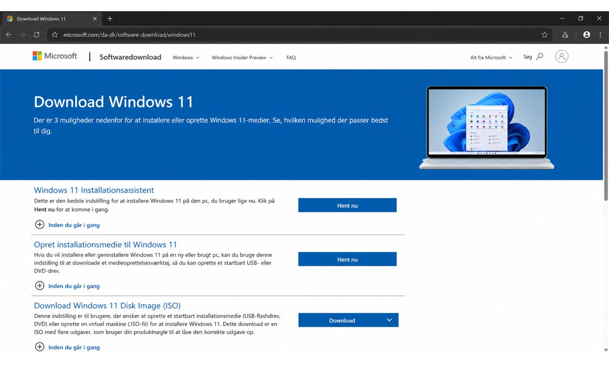Microsofts officielle Windows 11 downloadside i browser