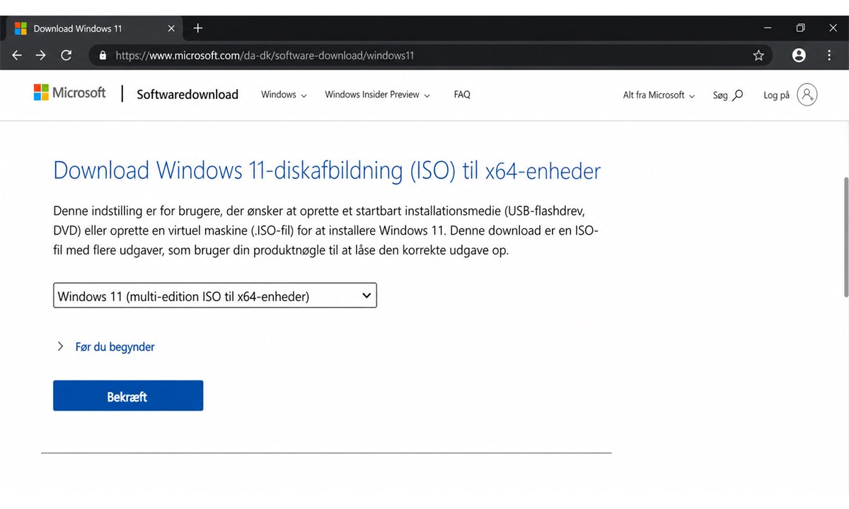 Microsoft downloadside med ISO valg for Windows 11 23H2
