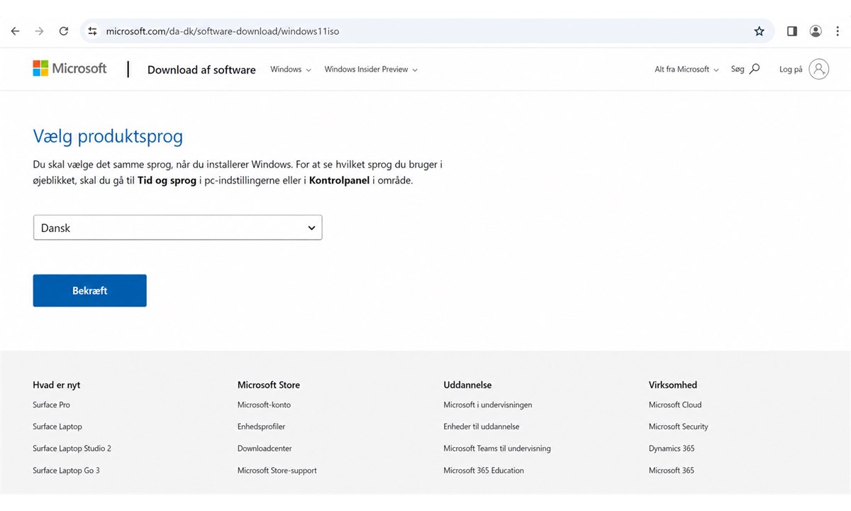 Sprogvalg for Windows 11 23H2 ISO download
