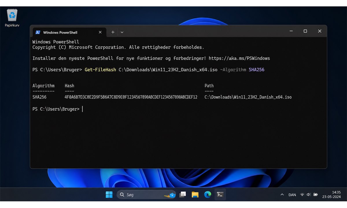 PowerShell SHA256 hash verificering af Windows 11 ISO