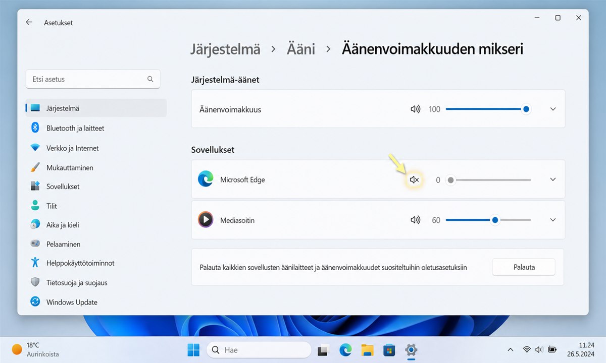 Windows 11 miksauksen ohjaus äänenvoimakkuus