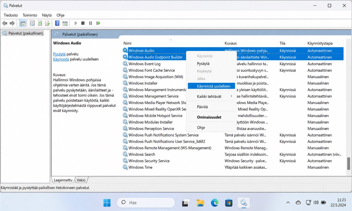 Windows Audio palvelu services.msc