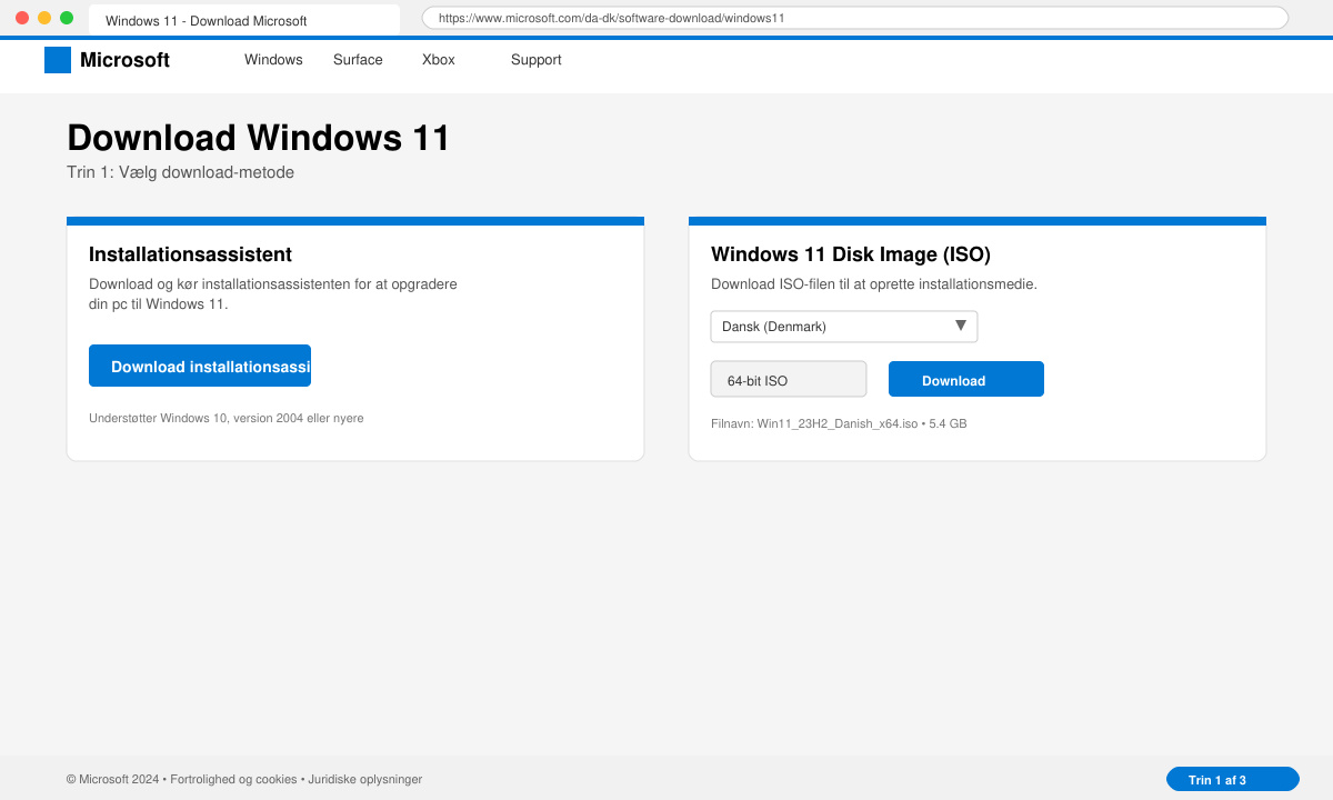 Skærmbillede af download-siden med knapper til installationsassistent og ISO-filer