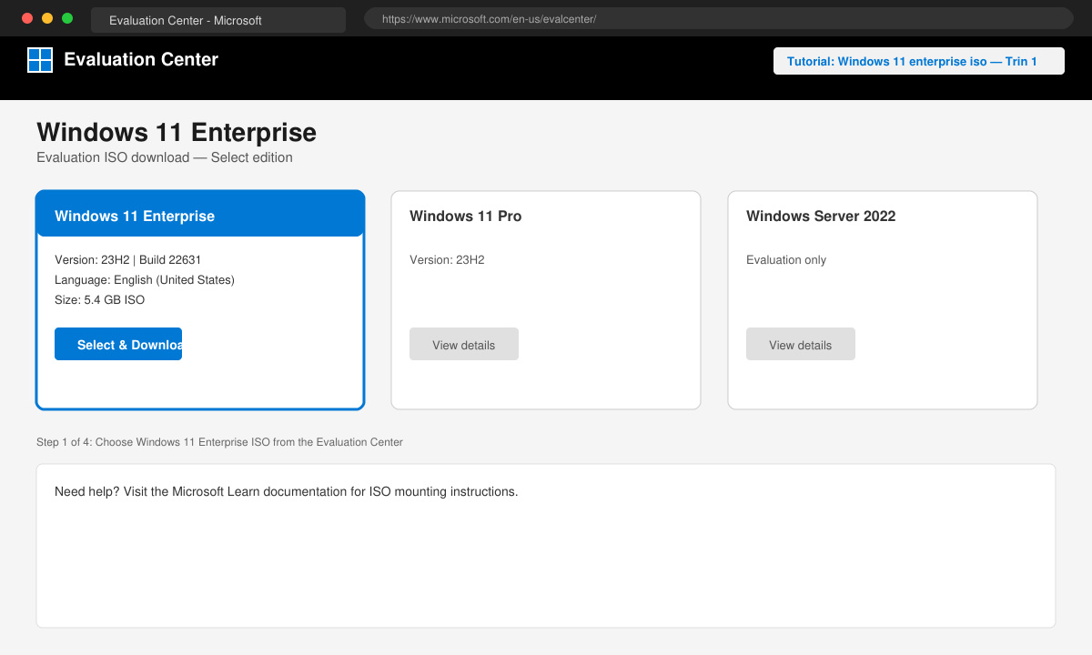 Skærmbillede af Microsoft Evaluation Center med Windows 11 Enterprise-valg