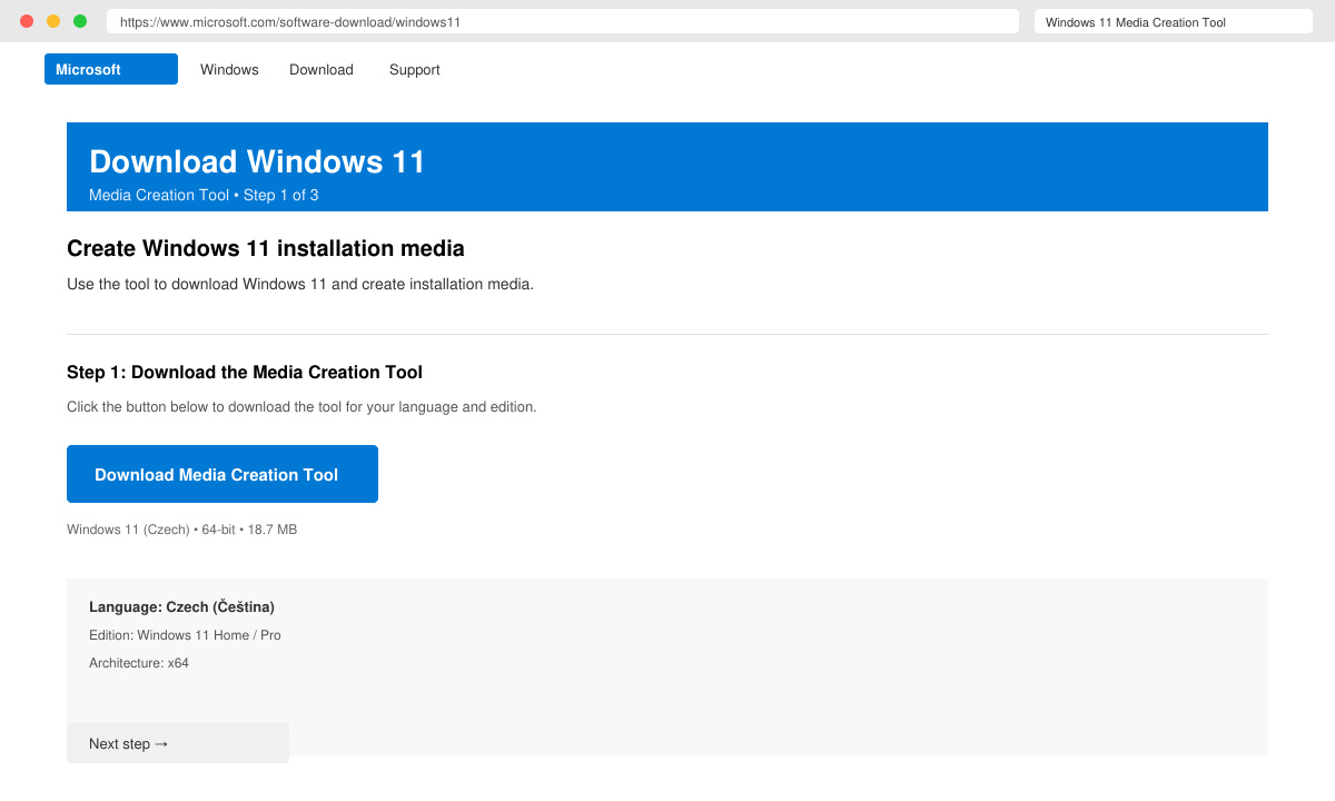 Screenshot of the Microsoft download page highlighting the Media Creation Tool button