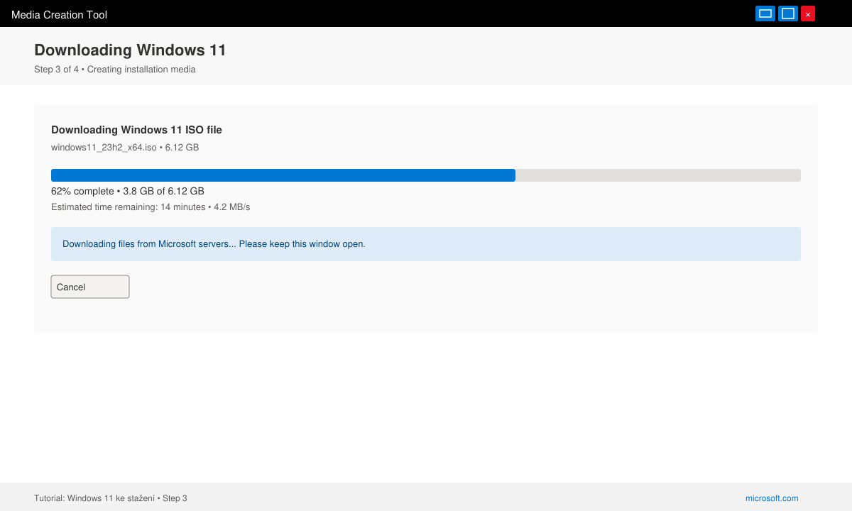 Screen showing the ISO file selection and download progress in the Media Creation Tool