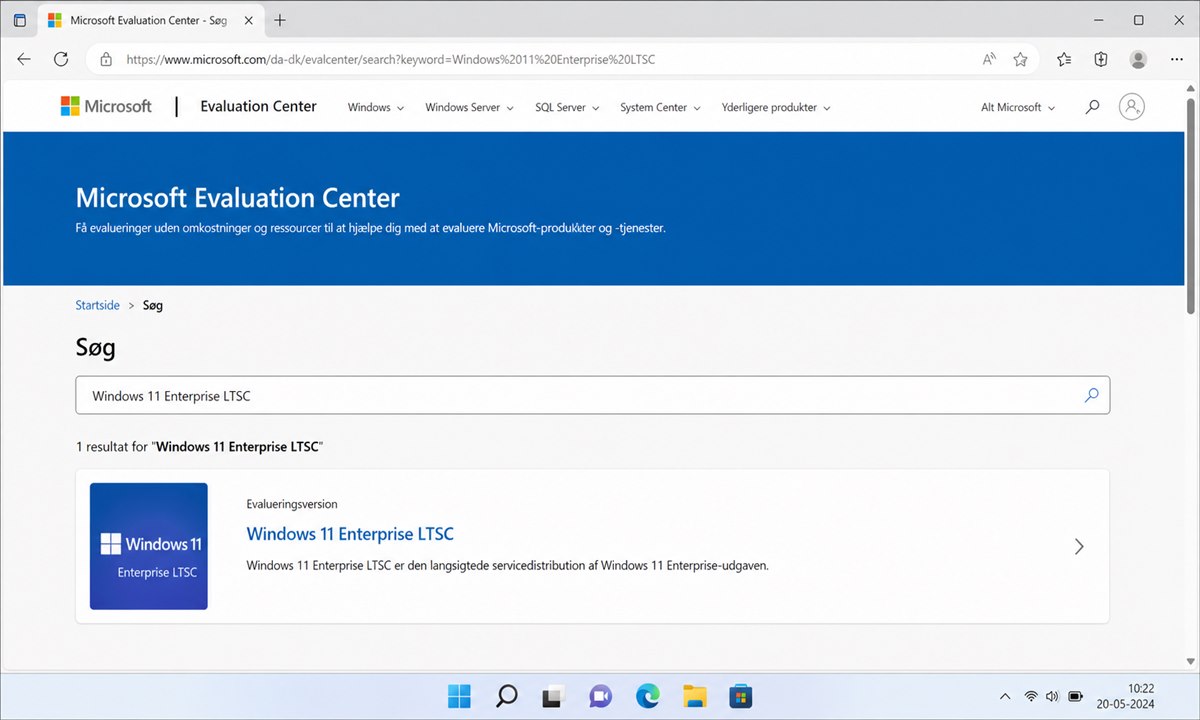 Microsoft Evaluation Center hjemmeside med Windows 11 LTSC søgning