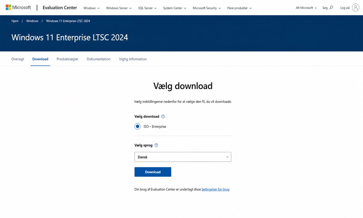 Vælg ISO-format og dansk sprog til Windows 11 LTSC