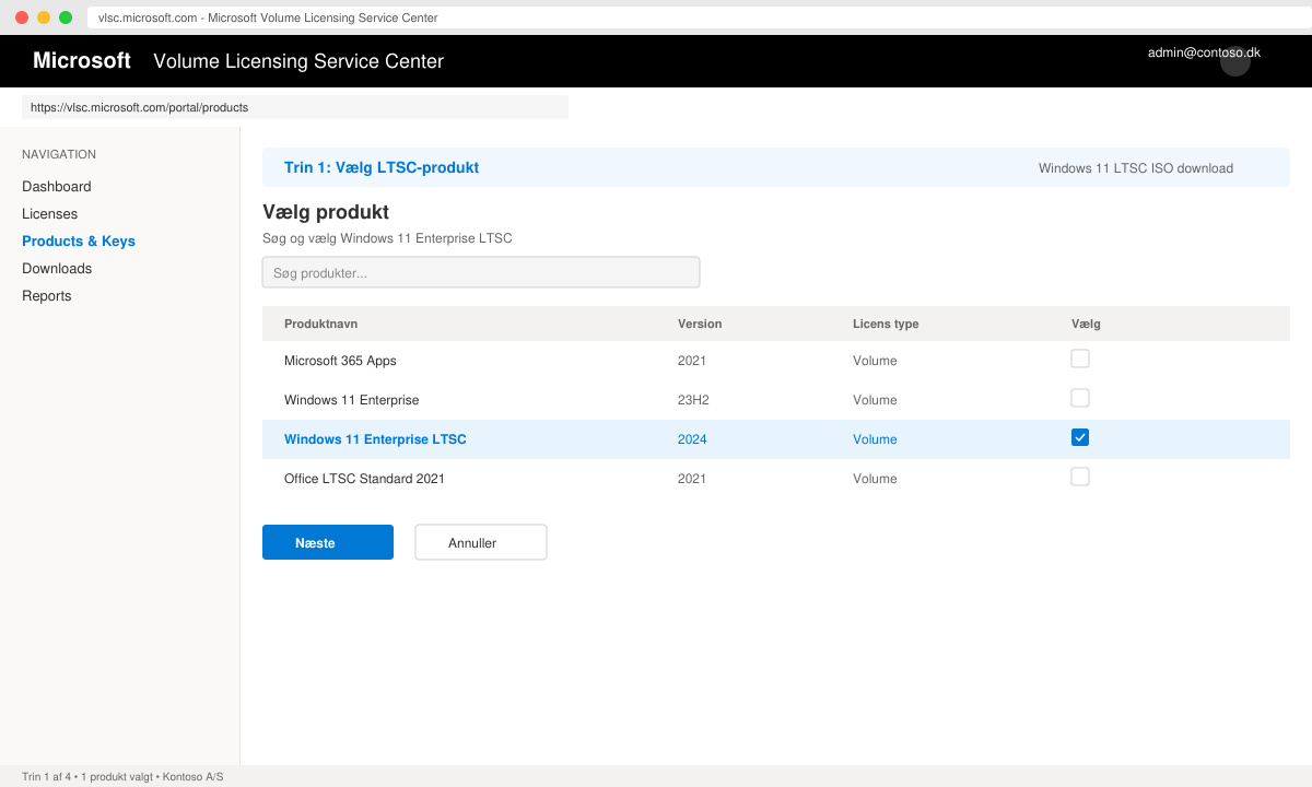 Skærmbillede af Microsoft Volume Licensing portal med LTSC-valg