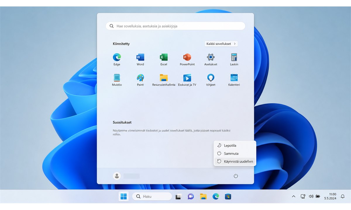 Windows 11 uudelleenkäynnistys käynnistä-valikosta