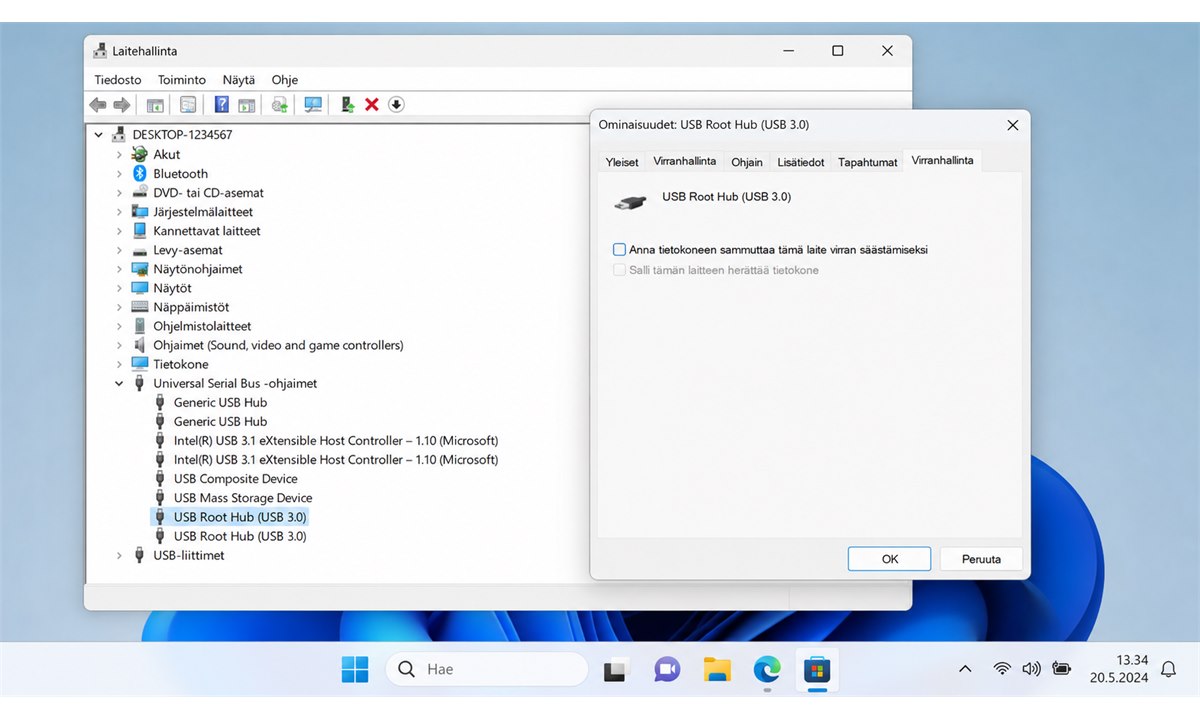 Windows 11 USB virransäästöasetukset laitehallinnassa