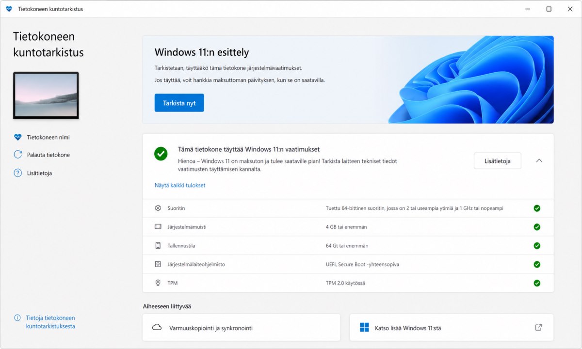 PC Health Check -sovellus Windows 11 yhteensopivuuden tarkistamiseen