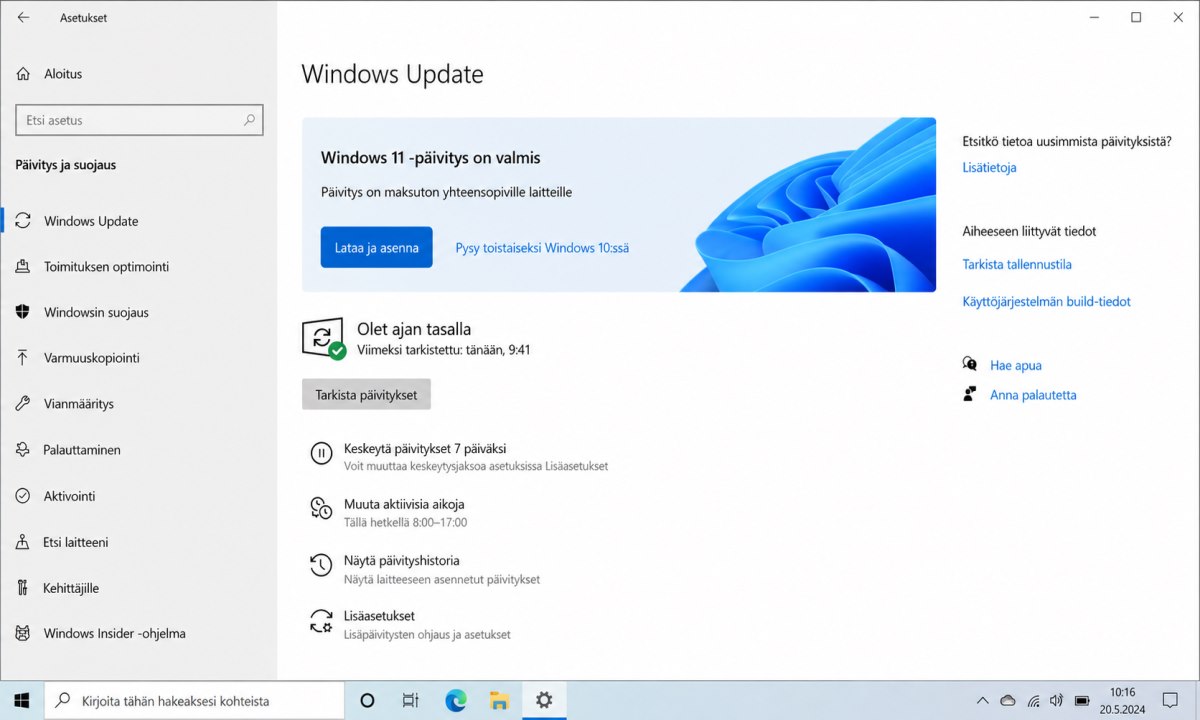 Windows Update -asetukset ja Windows 11 ilmainen päivitys -painike