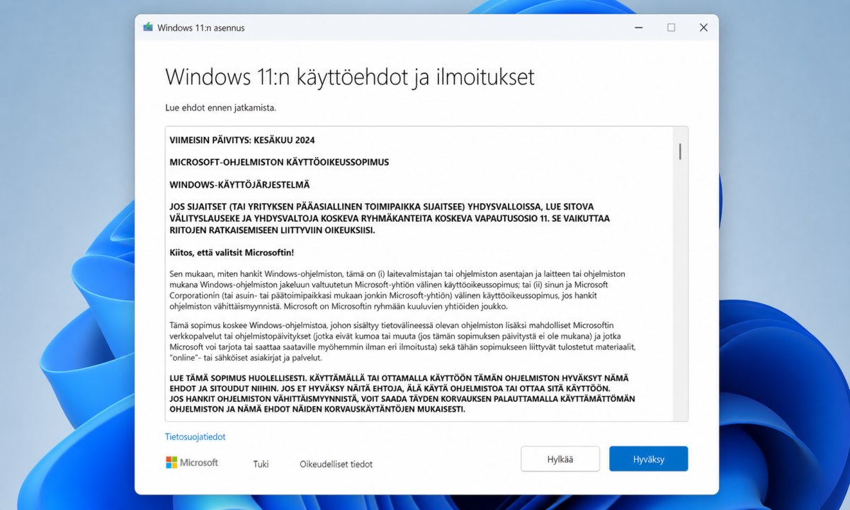 Windows 11 päivityksen käyttöehtojen hyväksyminen