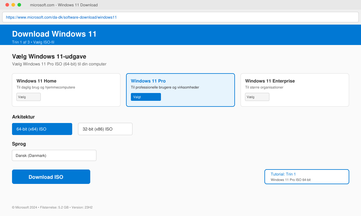 Skærmbillede af download-siden med ISO-valg fremhævet