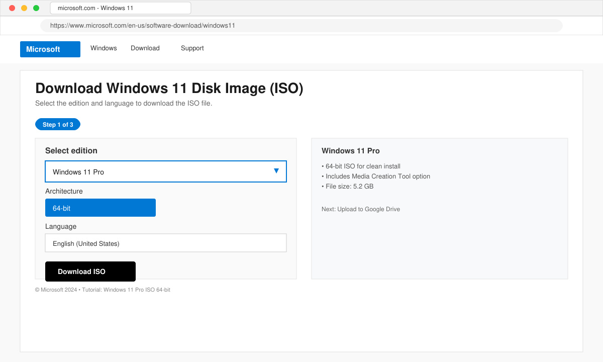 Skærmbillede af Microsofts download-side med valg af ISO-fil