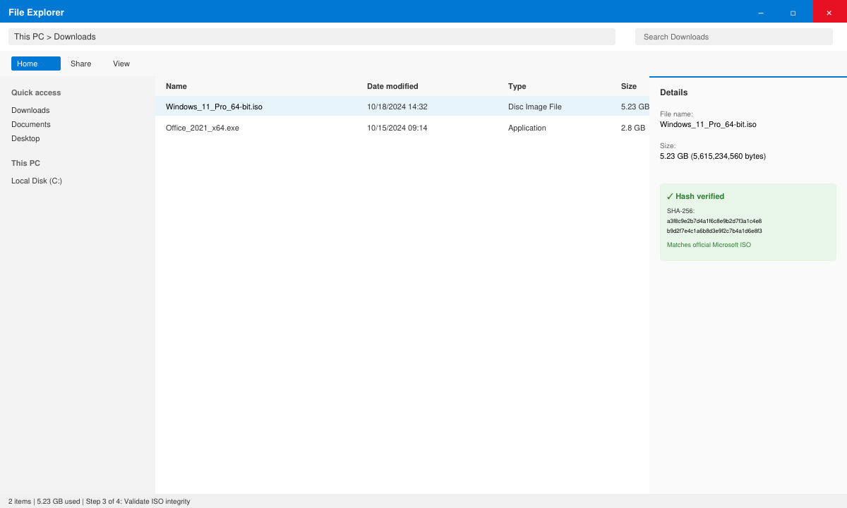 Billede af ISO-fil downloadet og valideret i Windows Stifinder