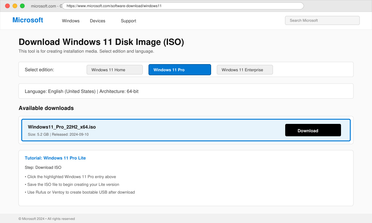 Skærmbillede af Microsofts download-side med Windows 11 Pro ISO markeret