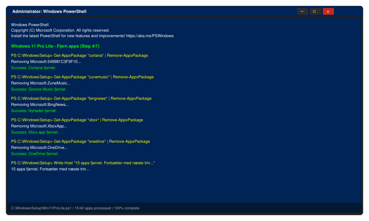 PowerShell-vindue der viser fjernelse af Windows-apps under installation af Windows 11 pro lite