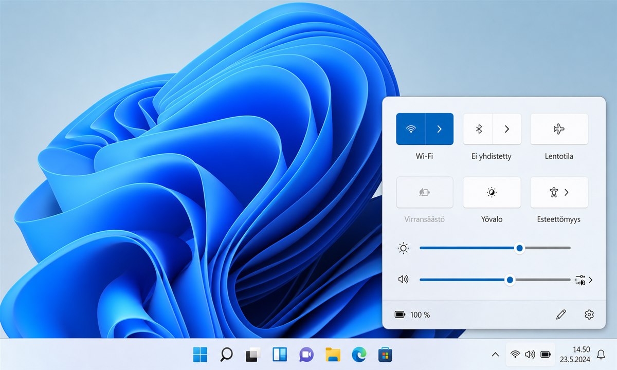 Windows 11 pikaasetukset WiFi ja lentokonetila