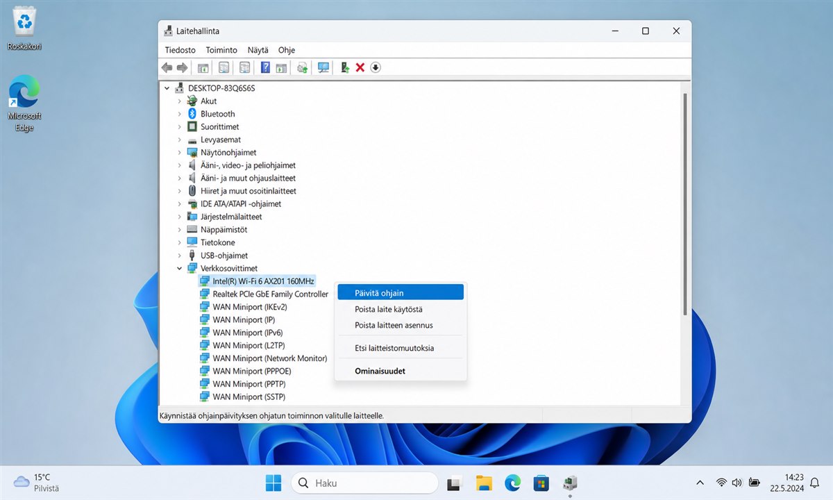 Windows 11 Laitehallinta verkkosovittimet ajurin päivitys