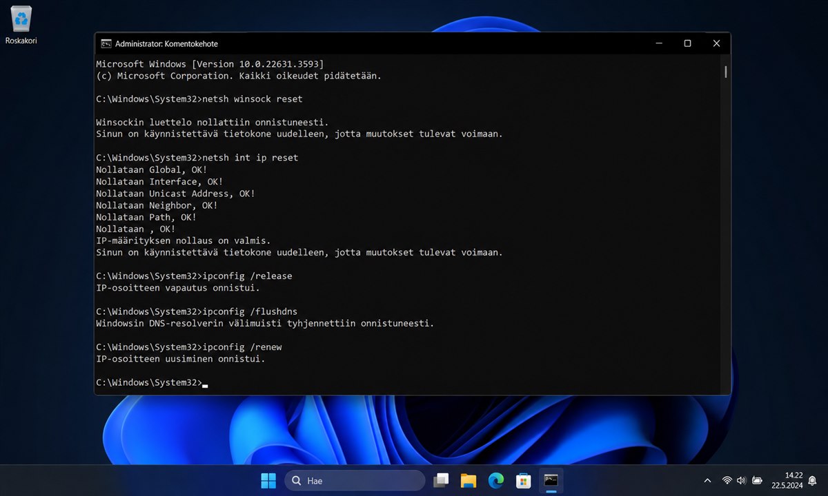 Windows 11 komentokehote verkkoasetusten nollaus komennot