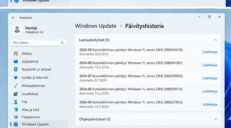 Windows 11:n Päivityshistoria-näkymä, jossa näkyy luettelo aiemmin asennetuista päivityksistä