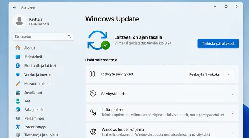 Windows Update -sivu, jossa laite on ajan tasalla ja Tarkista päivitykset -painike näkyy oikealla