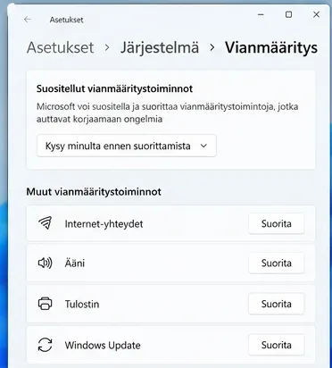 Windows 11:n Järjestelmä ja Vianmääritys -näkymä, jossa Windows Update kuuluu muihin vianmääritystoimintoihin