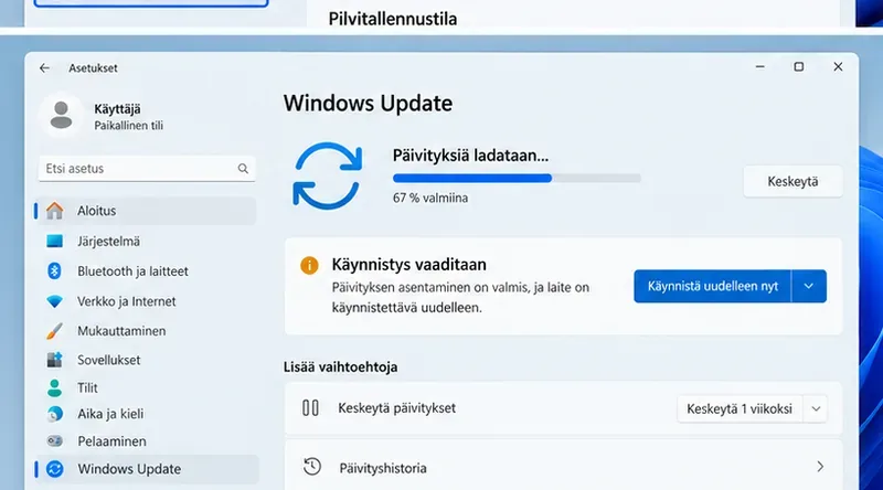Windows Update lataamassa päivitystä ja näyttämässä uudelleenkäynnistystä vaativan tilan