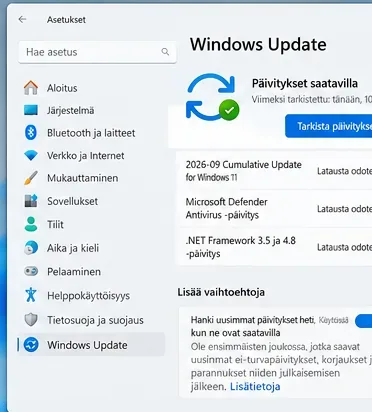 Windows Update -näkymä, jossa päivityksiä on saatavilla ja käyttäjä voi käynnistää tarkistuksen