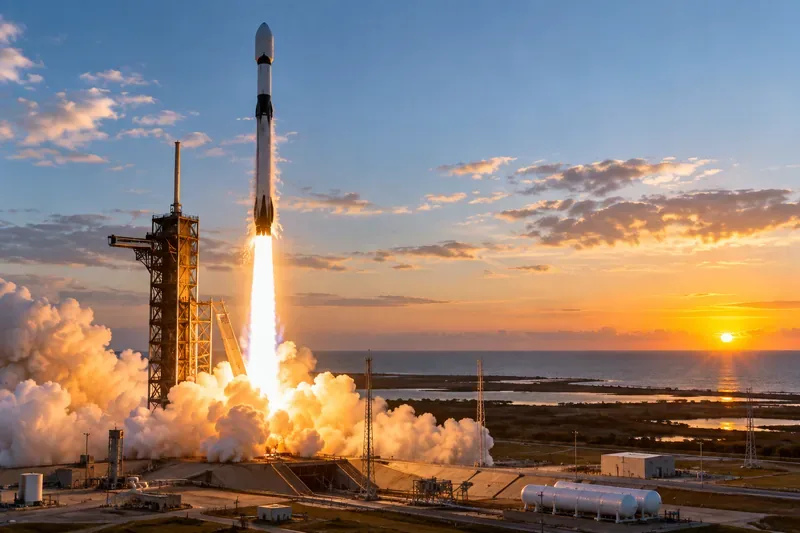 Moderní raketa startuje z pobřežního kosmodromu při západu slunce, kolem rampy je vidět technické zázemí a kouř z motorů