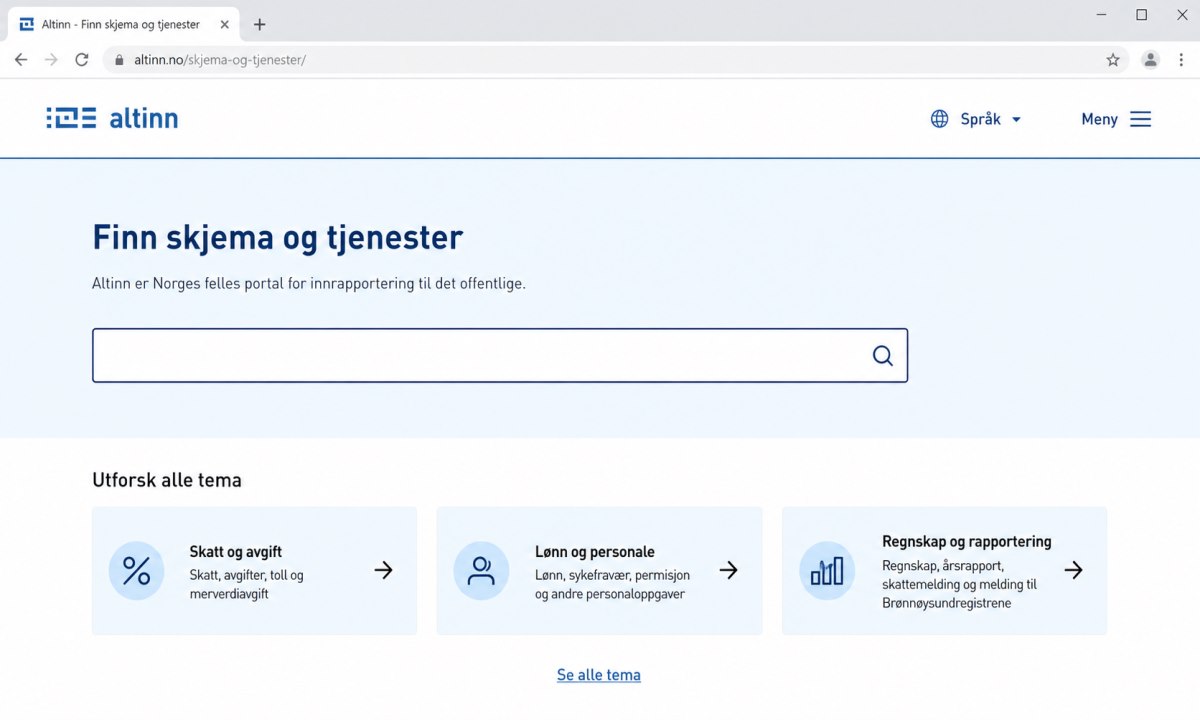 Altinn.no tjenestekatalog med søk og kategorier