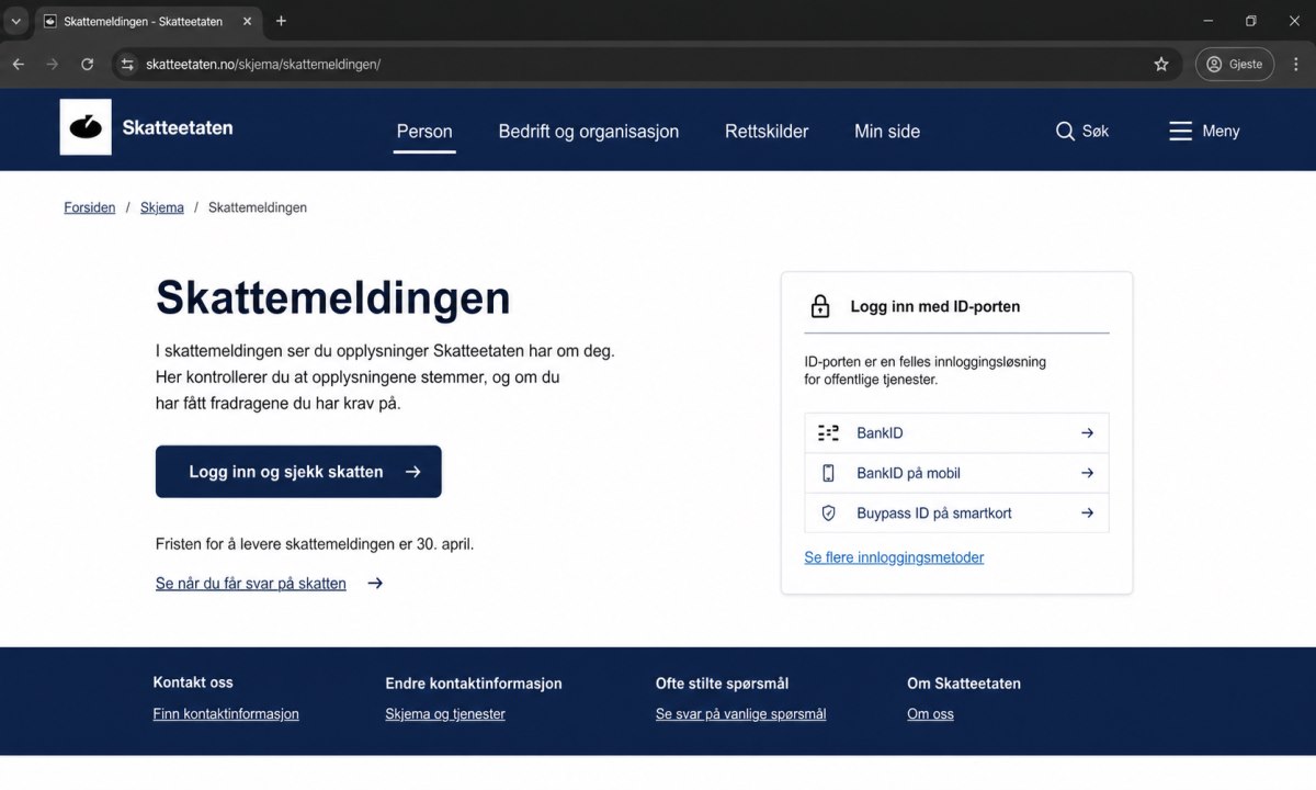 Skatteetaten.no innlogging og skattemelding skjermbilde