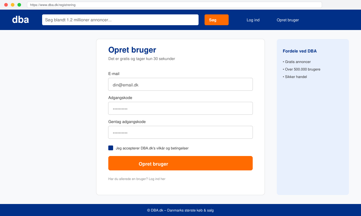 Registreringsside på DBA.dk med felter til e-mail og adgangskode
