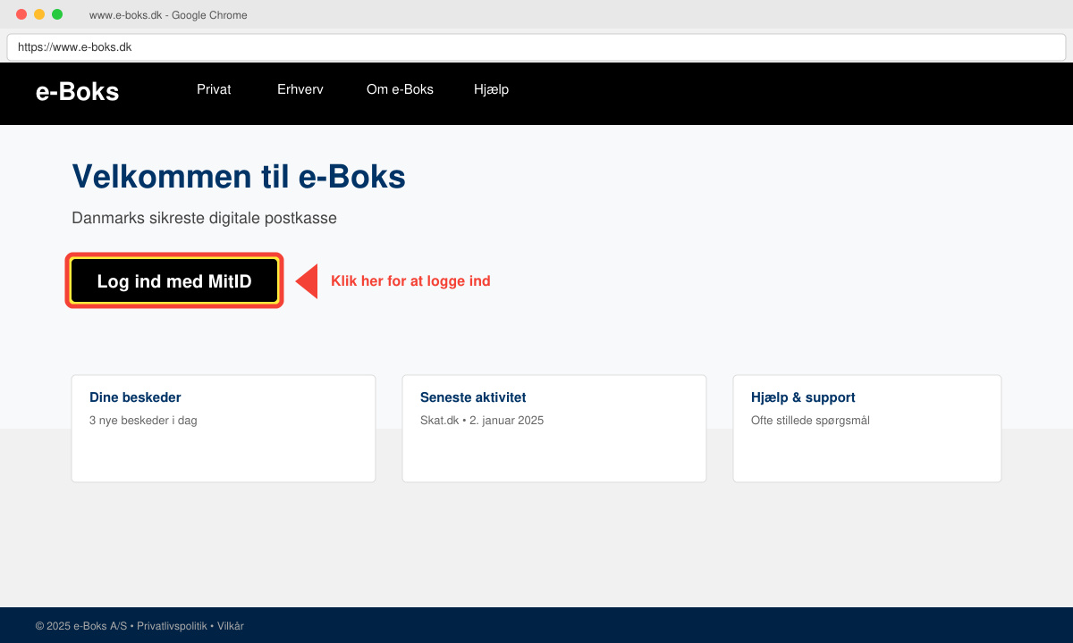 Skærmbillede af www.e-boks.dk startside med fremhævet login-knap