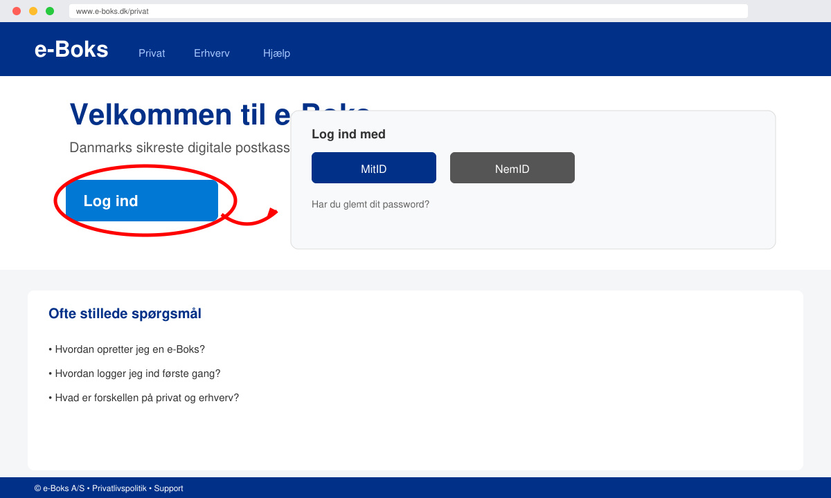 Trin 1: Log ind knap på www e boks privat