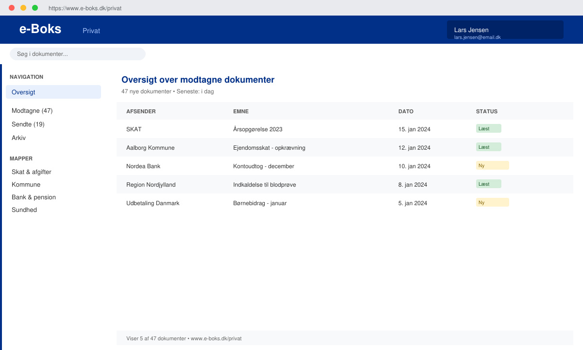 Oversigt over modtagne dokumenter i www e boks privat