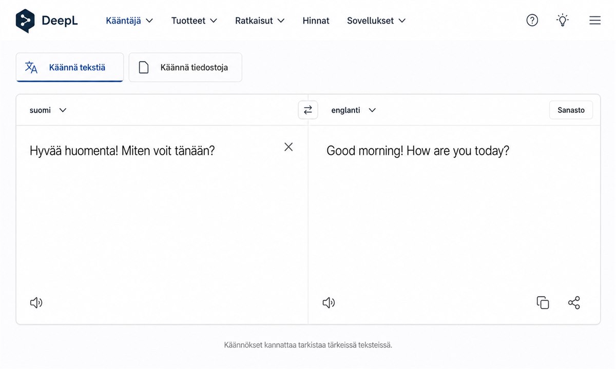 DeepL tekoälykäännöspalvelu käyttöliittymä suomi