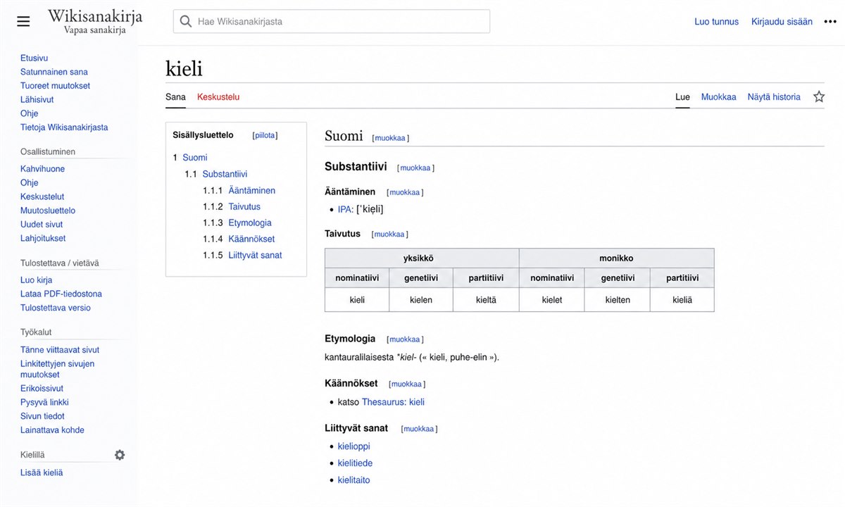 Wiktionary suomenkielinen sanakirja etymologia taivutus